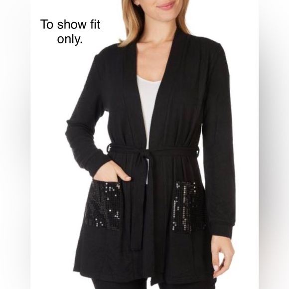 Daisy Fuentes Womens Tan Sequin Pocket Belted Cardigan Sweater Size Medium - Picture 5 of 8
